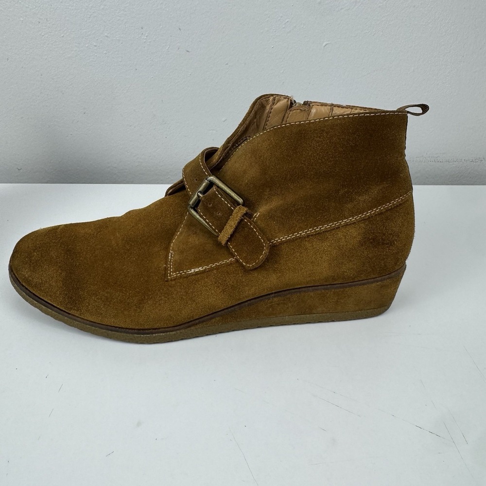 Franco Sarto Suede Wedge Booties Brown Buckle Strap Women's 8M Round Toe - Picture 15 of 16
